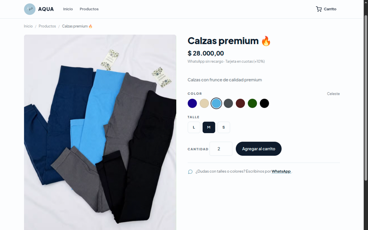 Página de producto de Aqua Bks con selección de color y talle