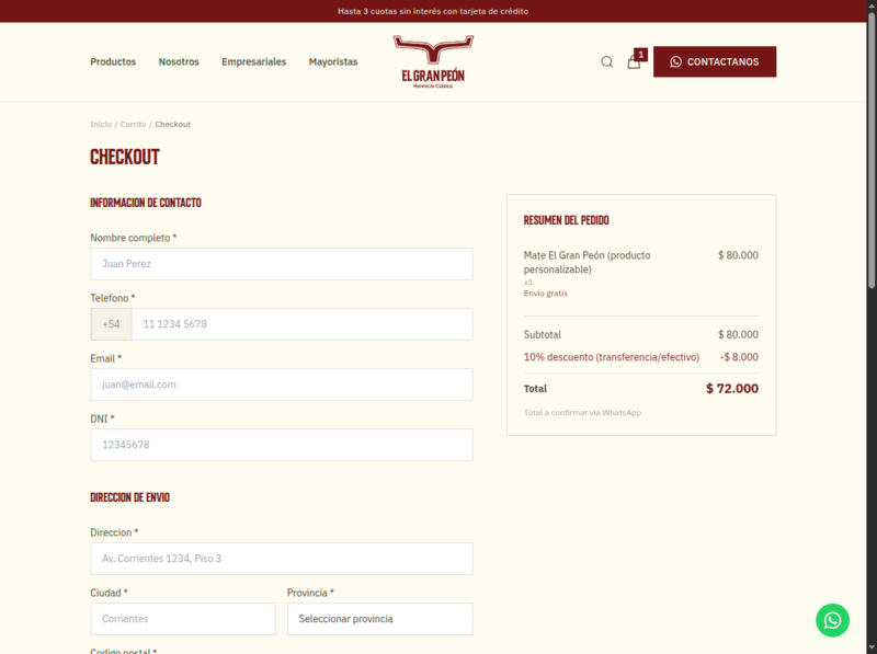 El Gran Peón — checkout con resumen de pedido