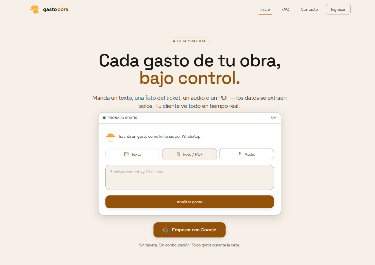 Gasto Obra: sitio para cargar gastos de obra por texto, foto o audio