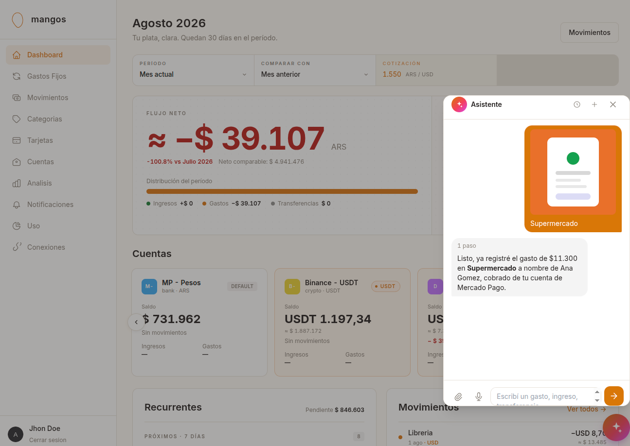 Mangos: asistente de IA registrando un gasto desde una foto del ticket