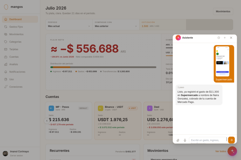 Mangos: asistente de IA registrando un gasto desde una foto del ticket