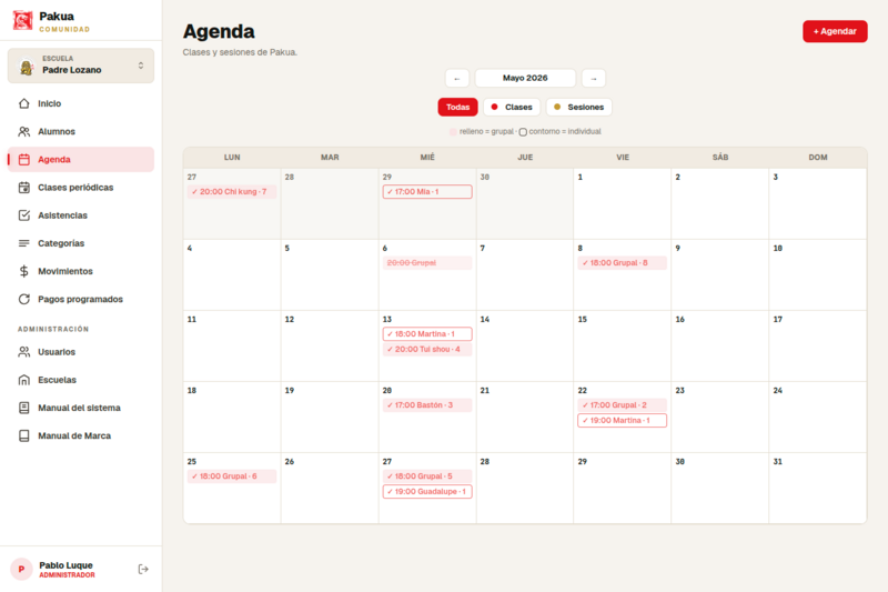 Pakua Comunidad: agenda de clases del panel de administración