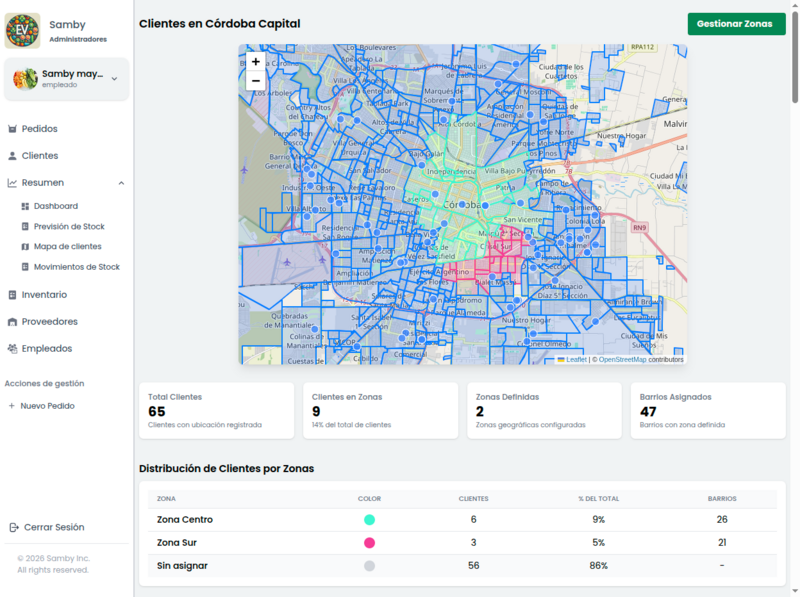 EmprendeVerde — mapa de clientes con zonas geográficas